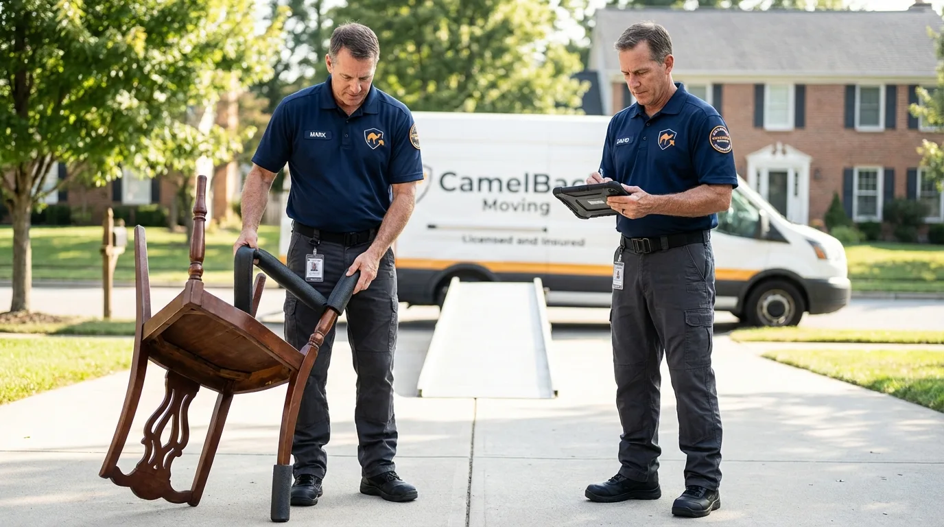 Movers inspecting furniture for damage prevention before loading in Elizabethtown, NC