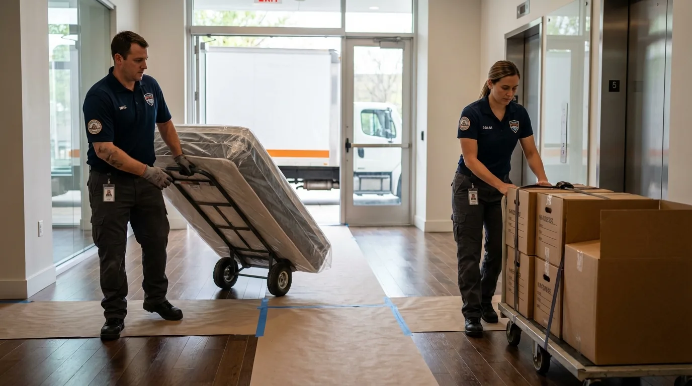 Professional apartment movers loading elevator in Elizabethtown, NC